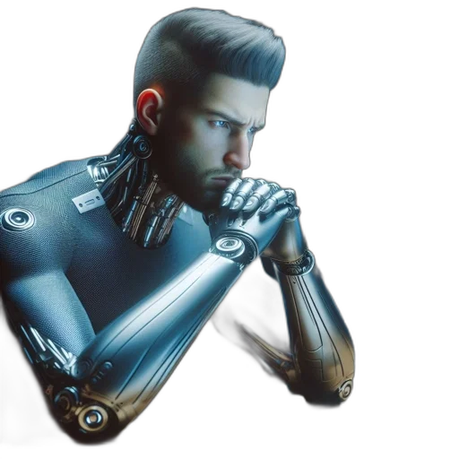 robot, jacket, hair, cyberpunk, concept art, 3d render, comic book art, blue transparent PNG cut-out
