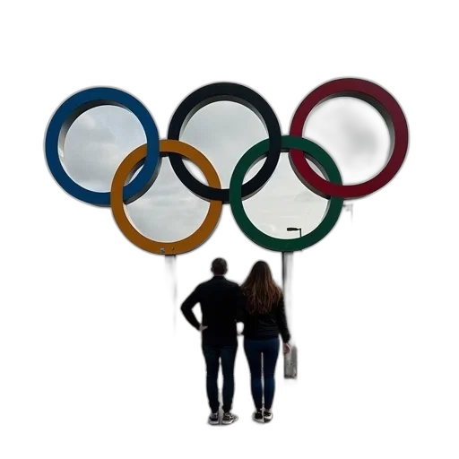 jacket, two, people, standing, front, sign, says, olympic transparent PNG cut-out
