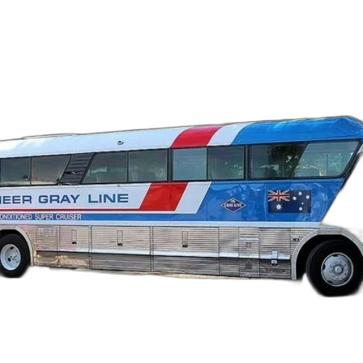 3d render, vintage, bus, red, white, blue, stripes, words transparent PNG cut-out