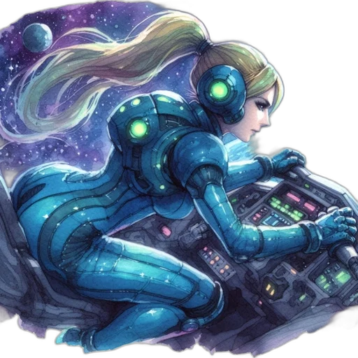 robot, cyberpunk, concept art, comic book art, fantasy art, outer space, neon lights, blue transparent PNG cut-out