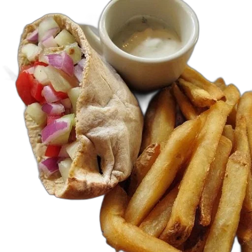 food, photorealistic, 3d render, plate, pita, stuffed, vegetables, fries transparent PNG cut-out