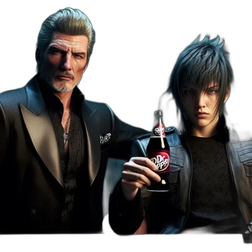 jacket, bottle, concept art, 3d render, cyberpunk, two, men, somber transparent PNG cut-out