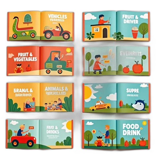colorful, collection, children, books, illustrations, simple, text, arranged transparent PNG cut-out