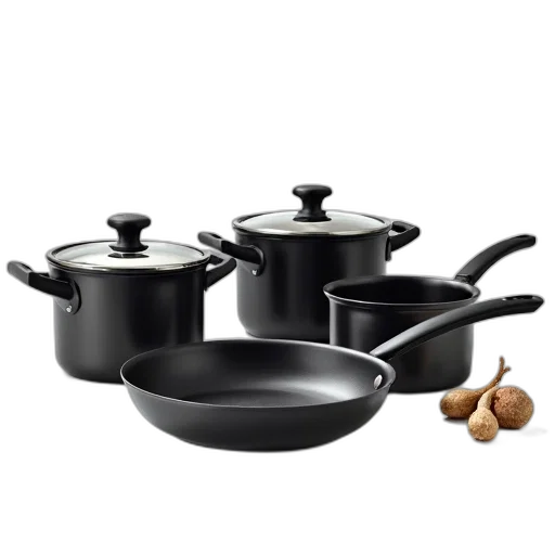 set, black, stainless, steel, pots, pans, displayed, white transparent PNG cut-out