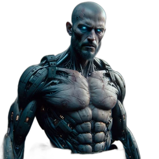 creature, robot, concept art, comic book art, 3d render, photorealistic, muscular, shirtless transparent PNG cut-out