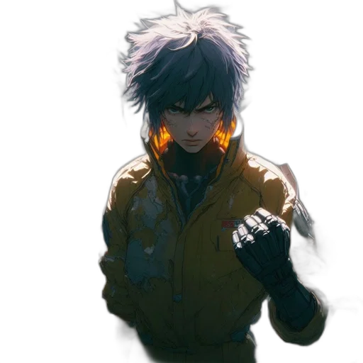 jacket, face, mask, weapon, concept art, anime, cyberpunk, comic book art transparent PNG cut-out