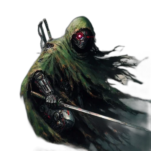 creature, mask, weapon, staff, concept art, fantasy art, comic book art, cyberpunk transparent PNG cut-out