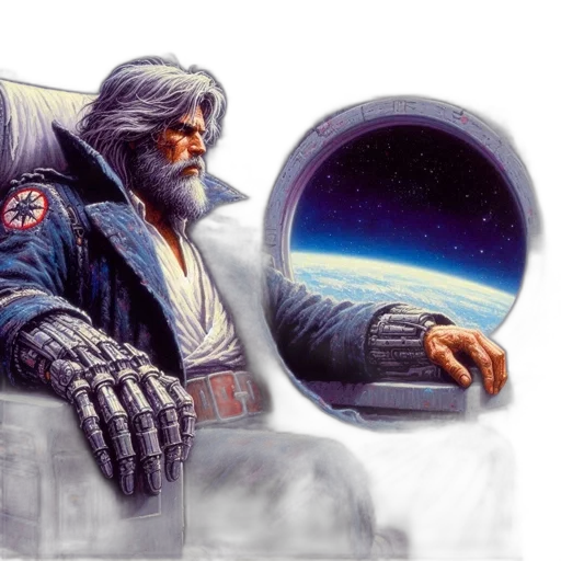 jacket, concept art, fantasy art, pixel art, comic book art, outer space, man, white transparent PNG cut-out