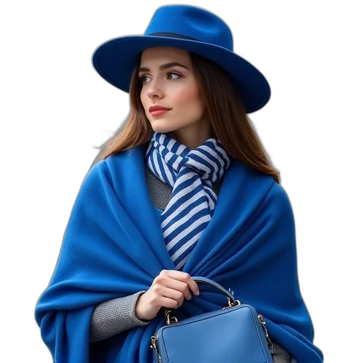 hat, jacket, dress, blue, monochrome, colorful, woman, wearing transparent PNG cut-out