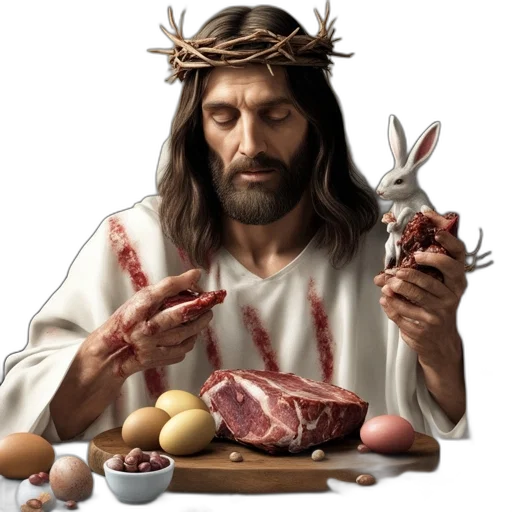 food, animal, photorealistic, man, long, hair, beard, wears transparent PNG cut-out