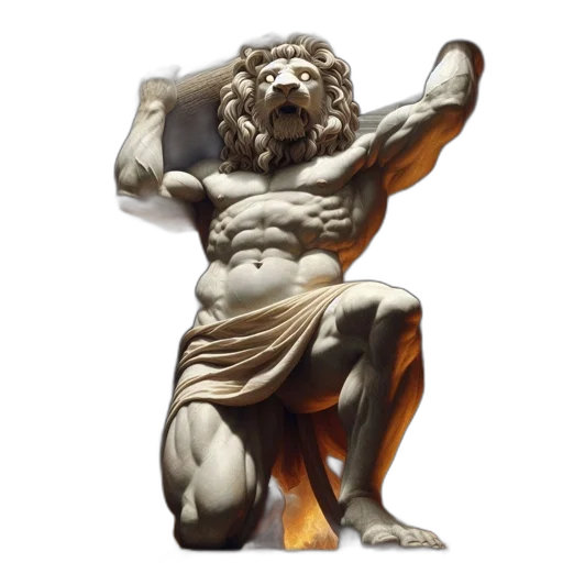 sword, photorealistic, 3d render, concept art, colossal, statue, man, lion transparent PNG cut-out