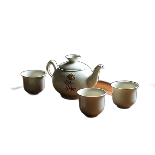 3d render, earth tones, traditional, japanese, tea, set, displayed, wooden transparent PNG cut-out