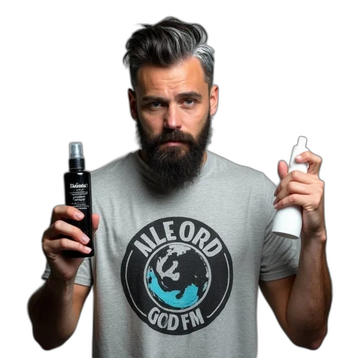 bottle, man, beard, mustache, holding, hair, gel, his transparent PNG cut-out