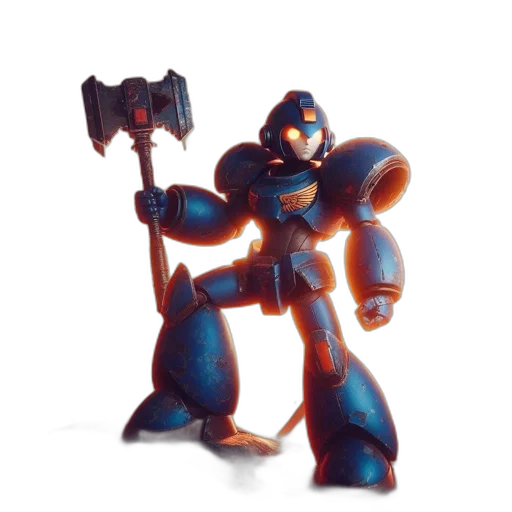 robot, weapon, staff, concept art, 3d render, watercolor, comic book art, blue transparent PNG cut-out