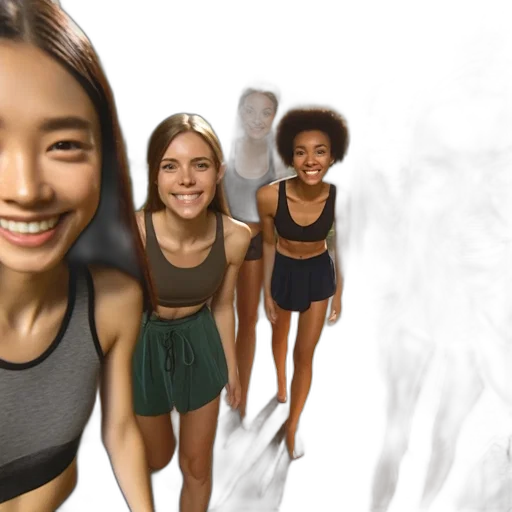 photorealistic, six, smiling, women, sporty, attire, pose, together transparent PNG cut-out