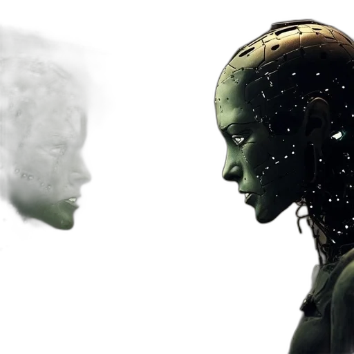 robot, concept art, 3d render, photorealistic, outer space, mechanical, head, serious transparent PNG cut-out