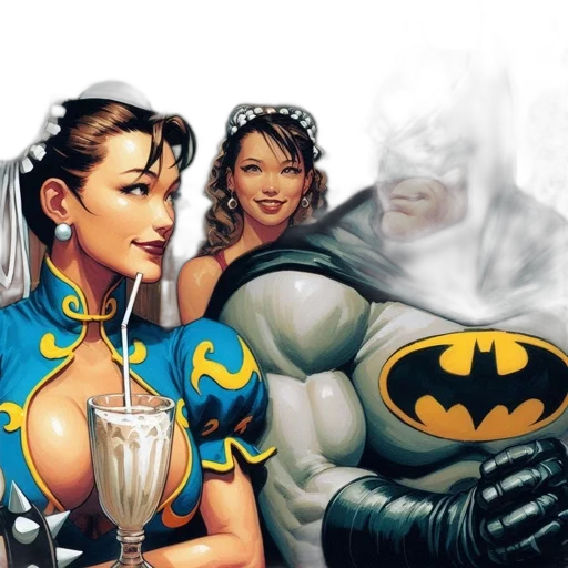 comic book art, concept art, woman, blue, dress, sips, milkshake, while transparent PNG cut-out