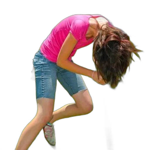 photorealistic, person, pink, shirt, denim, shorts, bending, over transparent PNG cut-out