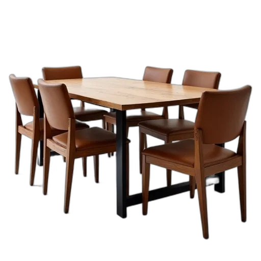 furniture, 3d render, set, six, chairs, combination, wooden, black transparent PNG cut-out