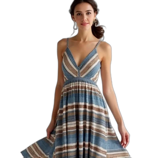dress, blue, earth tones, woman, wearing, sleeveless, multicolored, v-neckline transparent PNG cut-out