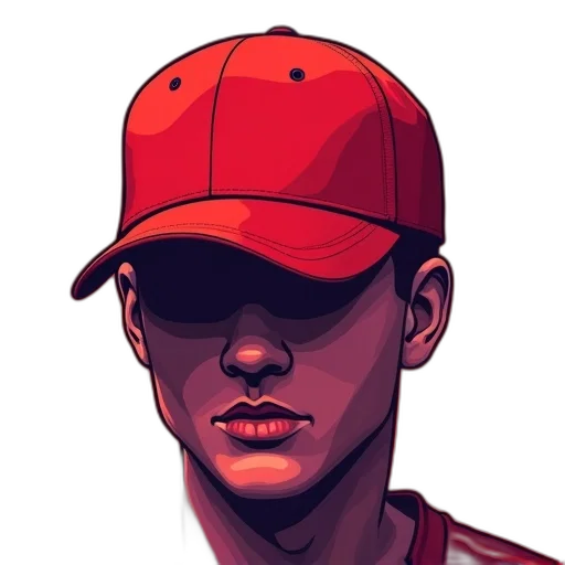 face, hat, comic book art, cartoon, pixel art, concept art, red, neon transparent PNG cut-out