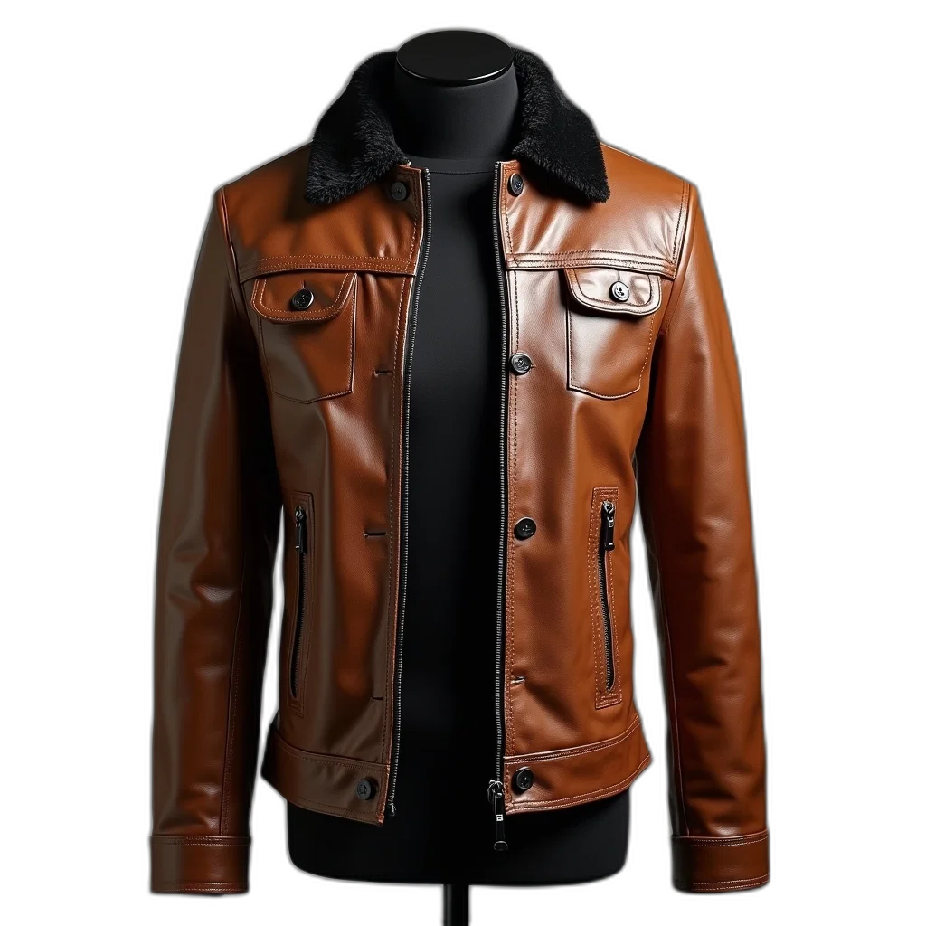 jacket, 3d render, photorealistic, concept art, earth tones, dark, brown, leather transparent PNG cut-out