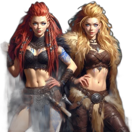 fantasy art, concept art, comic book art, 3d render, fire, red, two, female transparent PNG cut-out