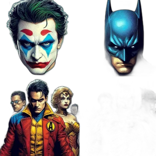 comic book art, concept art, photorealistic, cartoon, colorful, collage, four, illustrations transparent PNG cut-out