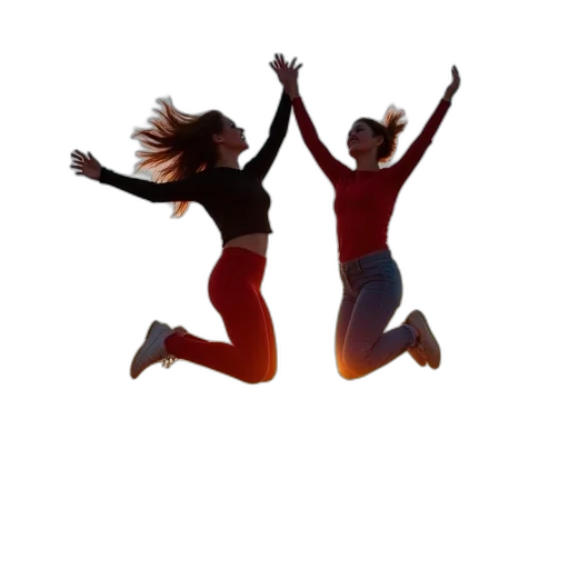 3d render, photorealistic, two, young, women, jumping, air, beach transparent PNG cut-out