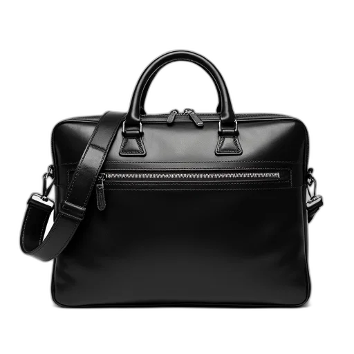 black, leather, briefcase, shiny, finish, silver, zipper, displayed transparent PNG cut-out
