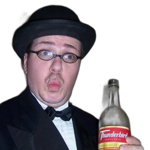 bottle, hat, staff, jacket, man, tuxedo, bow, tie transparent PNG cut-out