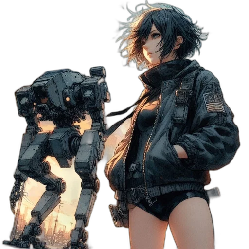 jacket, robot, weapon, cyberpunk, concept art, pixel art, comic book art, outer space transparent PNG cut-out