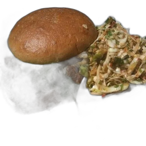 food, pulled, pork, sandwich, coleslaw, paper, plate, garnished transparent PNG cut-out