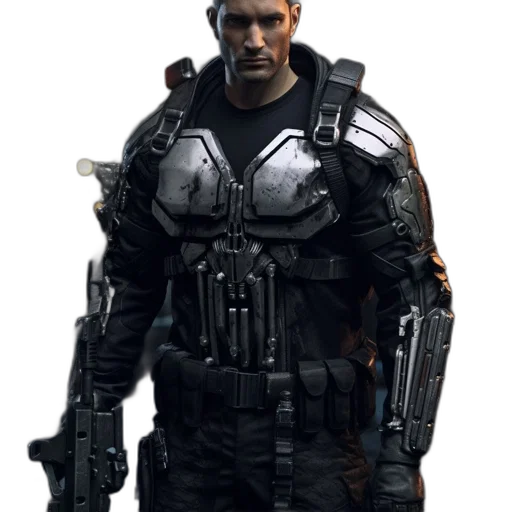 weapon, face, jacket, staff, concept art, cyberpunk, 3d render, comic book art transparent PNG cut-out