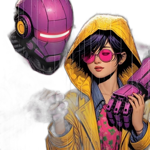 jacket, comic book art, concept art, cyberpunk, neon, colorful, young, woman transparent PNG cut-out