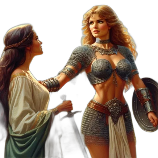 sword, fantasy art, concept art, comic book art, pixel art, fire, two, women transparent PNG cut-out