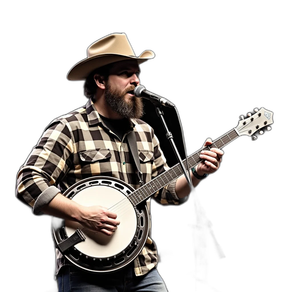 man, beard, playing, banjo, stage, wearing, plaid, shirt transparent PNG cut-out