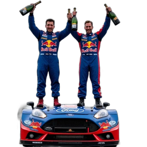 car, two, men, racing, suits, standing, roof, holding transparent PNG cut-out