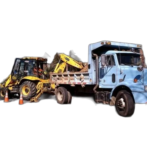 construction, site, yellow, backhoe, loading, dirt, into, blue transparent PNG cut-out