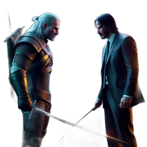 sword, concept art, 3d render, comic book art, fantasy art, two, men, stand transparent PNG cut-out