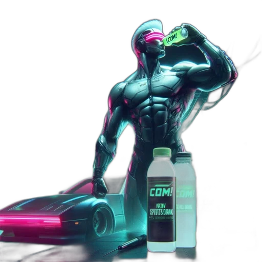 robot, weapon, bottle, staff, cyberpunk, vaporwave, concept art, 3d render transparent PNG cut-out