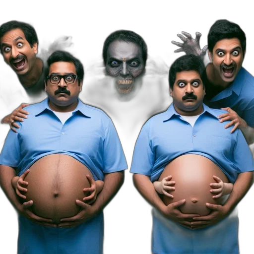concept art, four, men, blue, shirts, three, showing, shocked transparent PNG cut-out