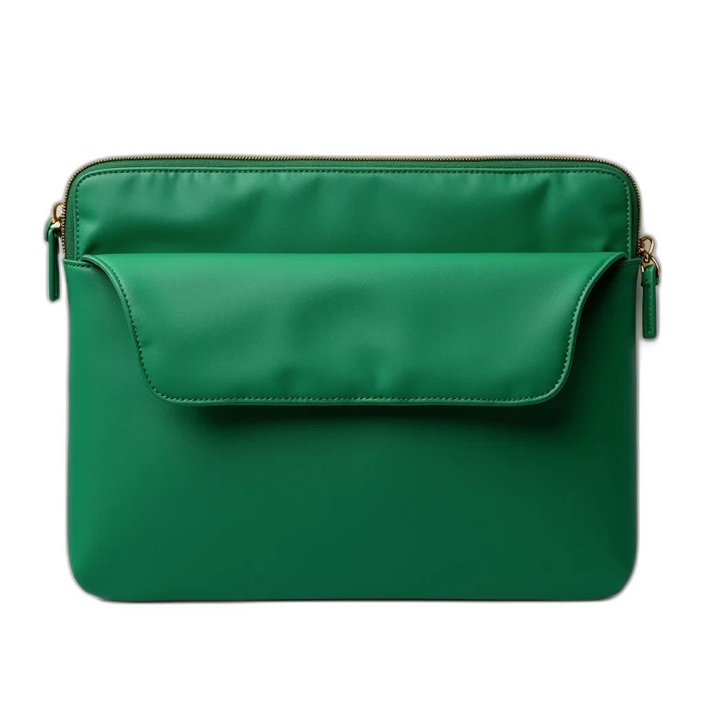 green, fabric, laptop, sleeve, zipper, closure, displayed, against transparent PNG cut-out