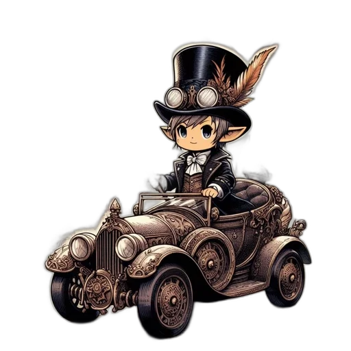 car, hat, staff, fantasy art, concept art, cartoon, pixel art, steampunk-styled transparent PNG cut-out