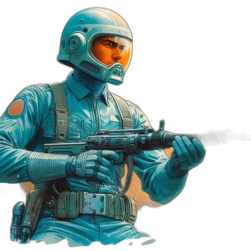 weapon, staff, jacket, robot, concept art, comic book art, watercolor, photorealistic transparent PNG cut-out