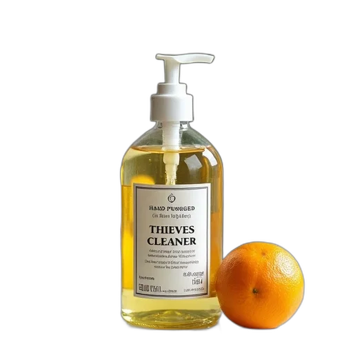 bottle, hand, soap, labeled, purged, thieves, cleaner, placed transparent PNG cut-out