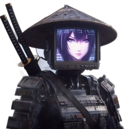 robot, weapon, staff, mask, cyberpunk, concept art, 3d render, vaporwave transparent PNG cut-out