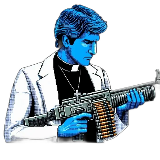 weapon, jacket, staff, comic book art, concept art, pixel art, cyberpunk, blue transparent PNG cut-out