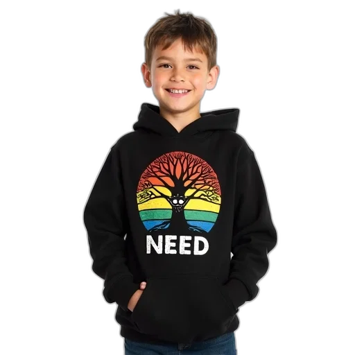 jacket, tree, young, boy, wearing, black, hoodie, colorful transparent PNG cut-out