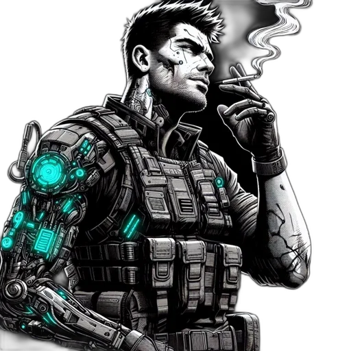 robot, weapon, cyberpunk, comic book art, concept art, cartoon, outer space, green transparent PNG cut-out